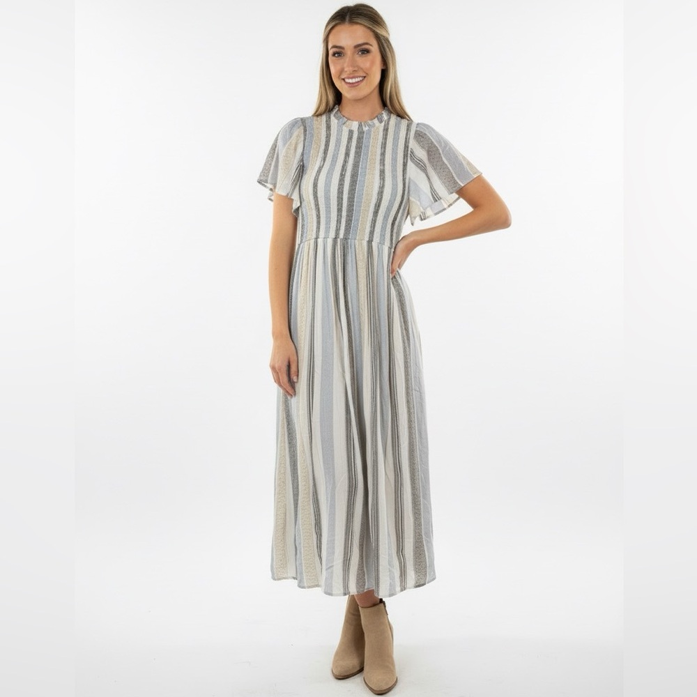 POLAGRAM STRIPED COASTAL COWGIRL MAXI DRESS CREAM BLUE GREY SIZE SMALL